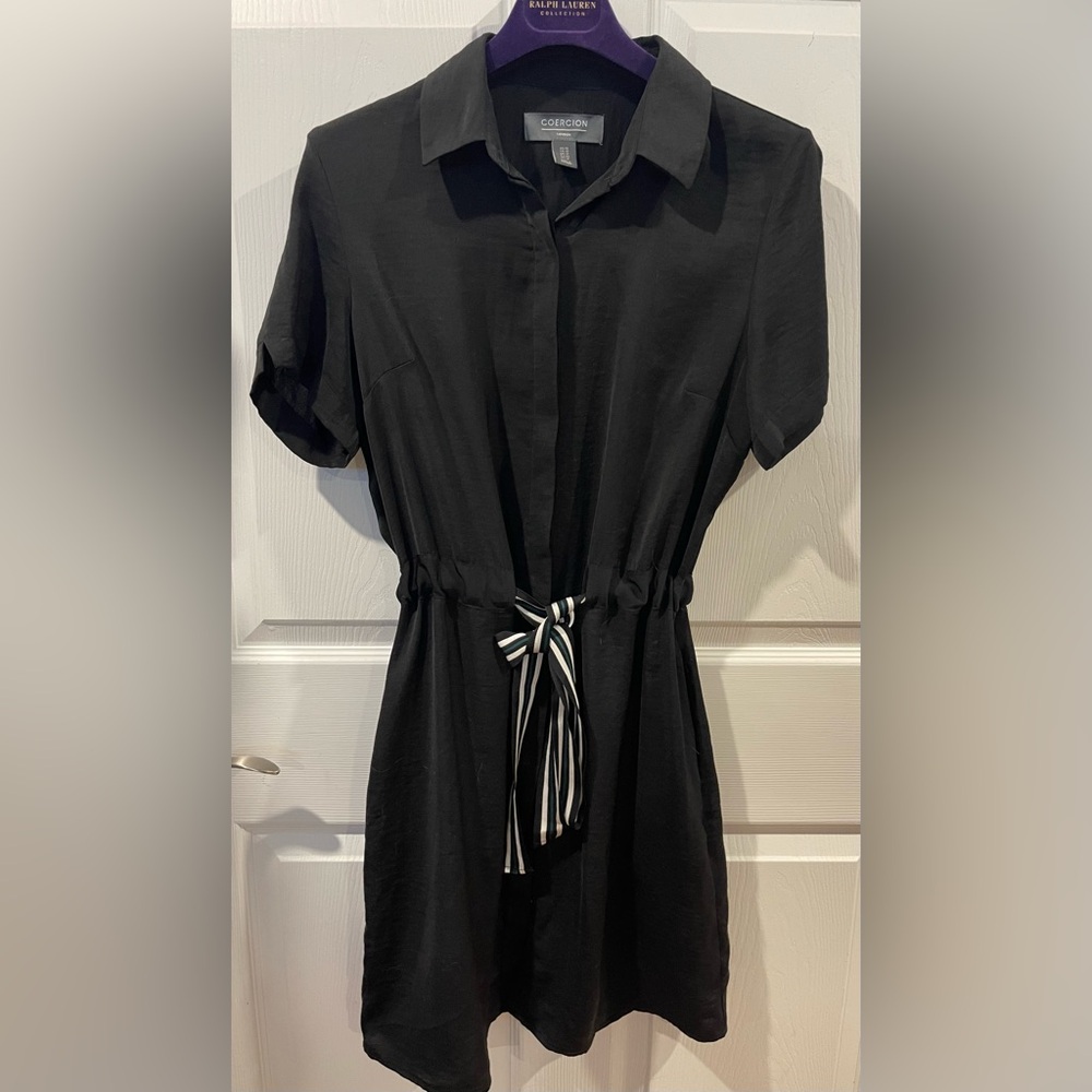 Coercion London Black Button-Up Dress with Striped Waist Tie size 10 pockets